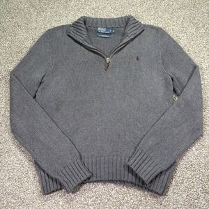 Polo Ralph Lauren Gray Knit Quarter Zip Sweater Size Medium Vintage Classic